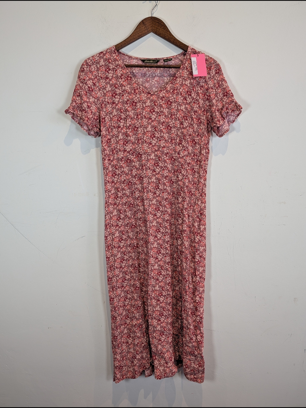 Eddie Bauer Floral Pink Short-Sleeve Midi Dress, Size 8